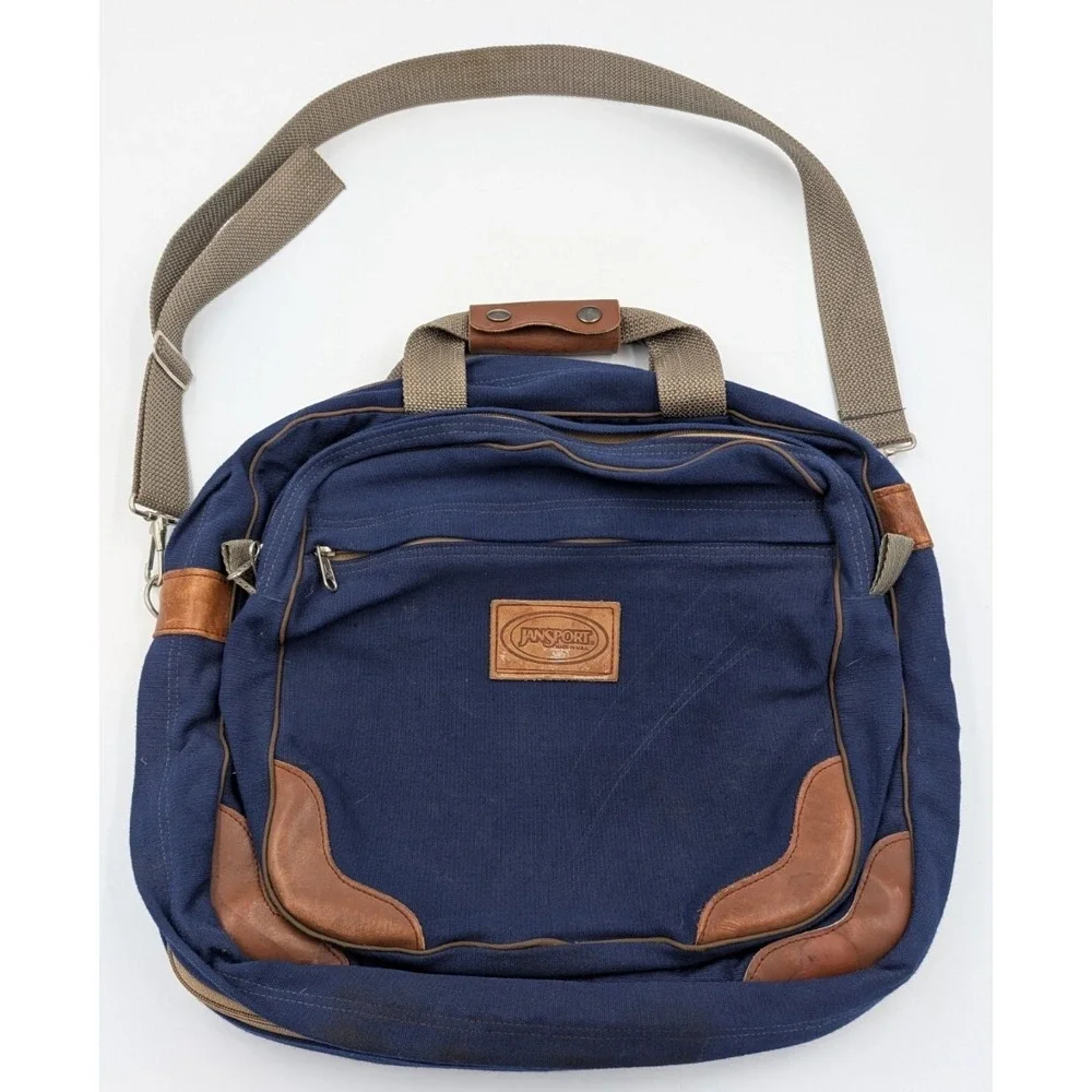 Jansport Messenger Laptop Bag Shoulder Strap Blue Canvas Leather Made In USA VTG